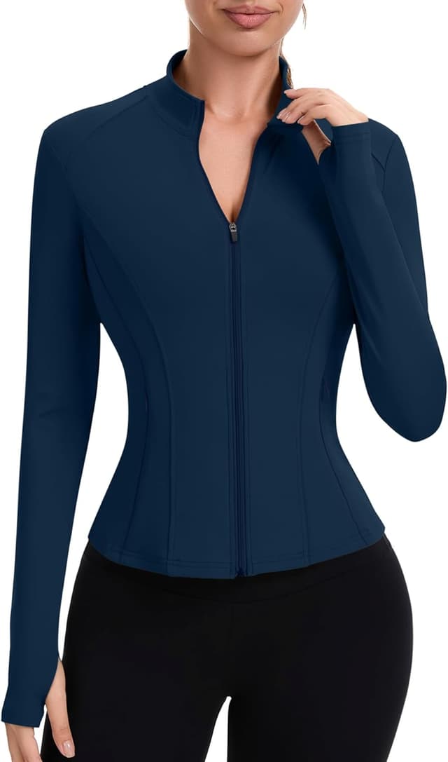 Detalle de IECCP Damen Sportjacke Langarm Laufjacke mit Reißverschluss und Daumenloch – Funktionsshirt für Gym, Yoga & Training