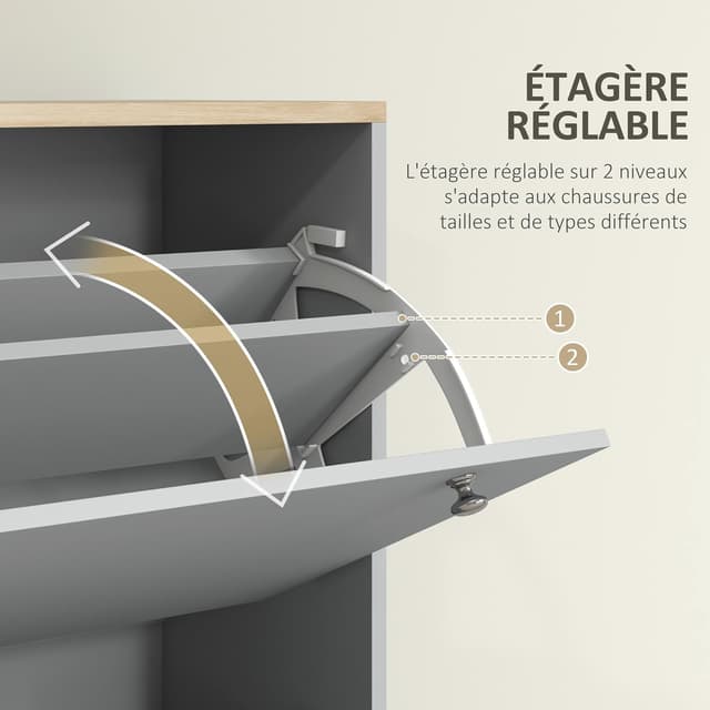 Detalle de HOMCOM Meuble à chaussures étroit 24 paires avec 3 tiroirs rabattables et étagères réglables, 80 x 23,5 x 121 cm, gris
