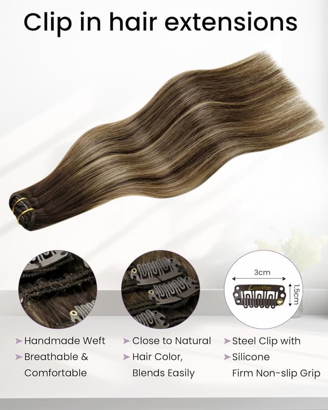 Detalle de LaaVoo Clip-in Hair Extensions (Real Human Hair) Dark Brown Straight Balayage Mix, 12 Inch, #4/27/4, 80g (5pcs) — Double Weft
