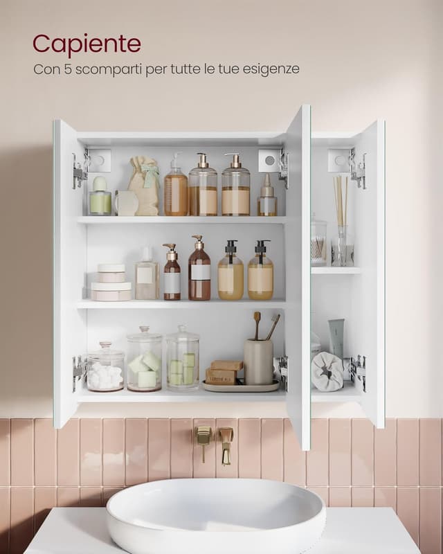 Detalle 2 de VASAGLE KAILYN BBK22WT Armadietto a specchio da parete per bagno bianco 15 x 60 x 55 cm