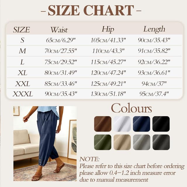 Detalle de Pantalon femme d’été en coton fluide – pantacourt 7/8 à taille élastique, ample et décontracté