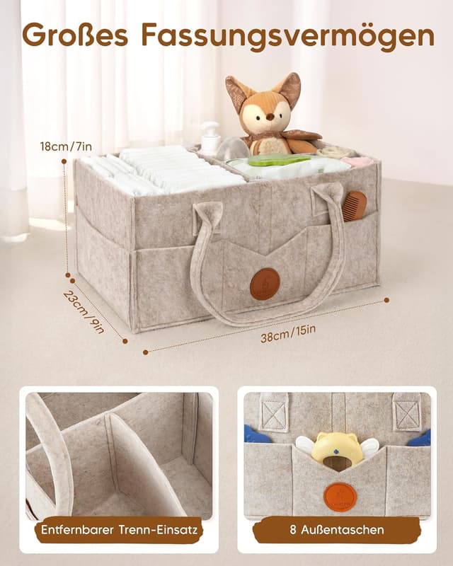Detalle de Maliton Wickeltisch Organizer „Wickel-Caddy“ aus Filz (Khaki) mit herausnehmbaren Fächern