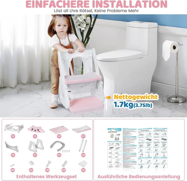 Detalle 2 de Orzbow Kinder-Toilettensitz mit Treppe: stabiler Aufsatz mit Spritzschutz (rosa)