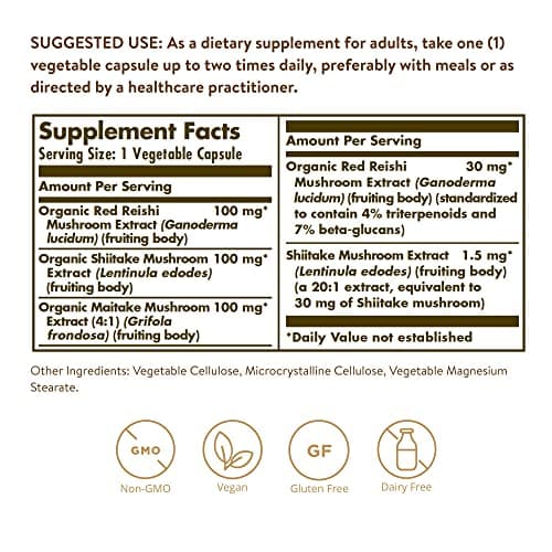 Detalle 2 de Solgar Reishi, Shiitake y Maitake 🍄 | 50 Cápsulas vegetales