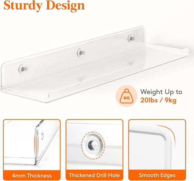 Detalle 2 de Lifewit 14" Clear Acrylic Floating Shelves for Bathroom, Organizer Wall Rack (4-Pack)