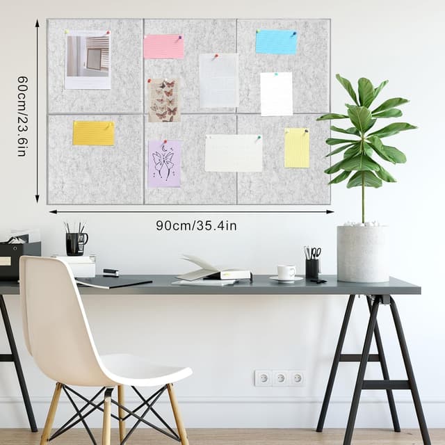 Detalle de Large Cork Board 36" x 24" (6-pack felt wall tiles + pushpins) in light grey