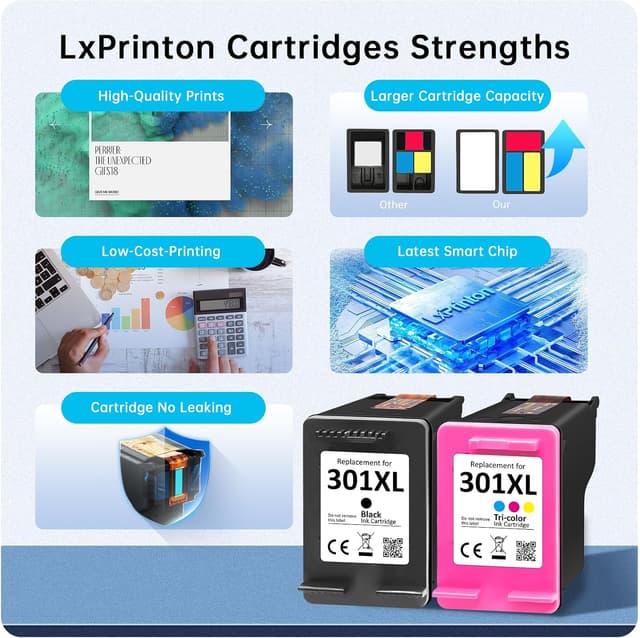 Detalle de 301XL Ink Cartridges High Yield Replacement for HP 301 (Black & Colour) — for HP Envy, DeskJet & OfficeJet models