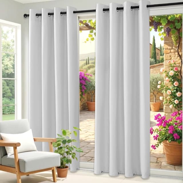 Detalle de Clothink 2er-Set Outdoor Vorhänge wasserfest, winddicht & schnelltrocknend (255x215 cm), Grau-Weiß