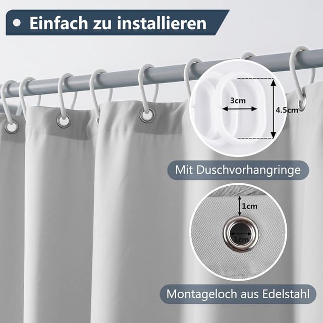 Detalle de REDKEY Duschvorhang 240x200 cm mit Gewichtsleiste unten, anti-schimmel, waschbar (PVC/ Textil), grau – 16 Haken