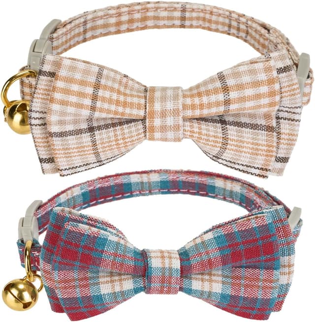 Detalle de YUDOTE 2 Pack Plaid Pet Collar (Red & Beige) with Bow Tie & Bell – Adjustable Fabric Collar for Small Cats