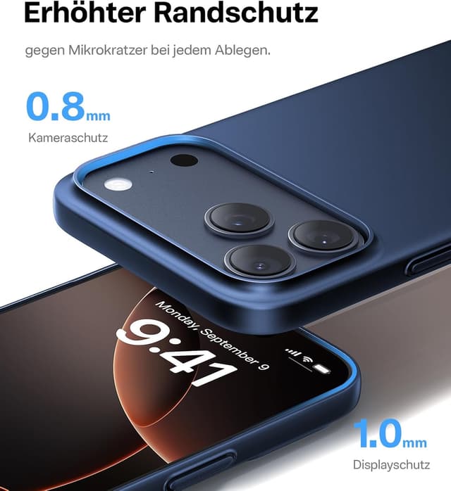 Detalle de TORRAS Ultra Dünn 0,09 cm Hülle für iPhone 17 Pro – blau, erhöhter Kamerakantenschutz, seidig-mattes Griffgefühl