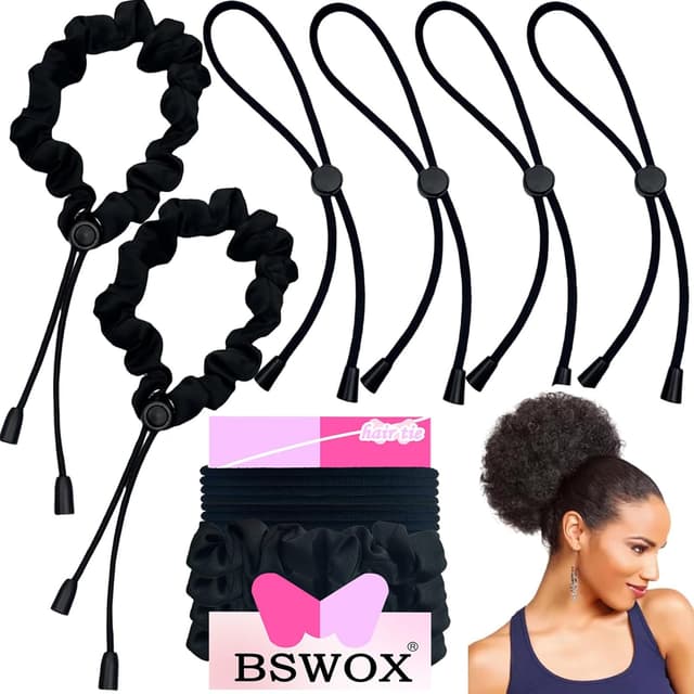6 Pack Black Adjustable Afro Puff Hair Ties with Satin Elastic Bands (Deep Black)