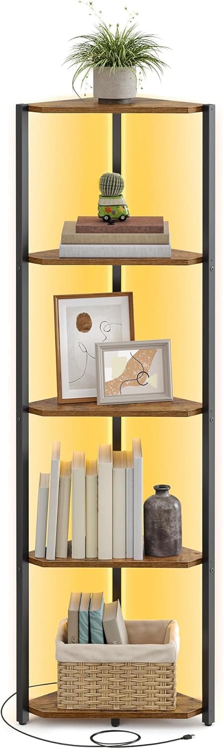 Detalle de VASAGLE scaffale angolare a 5 ripiani con luci LED a 7 colori LBC590K02, marrone vintage