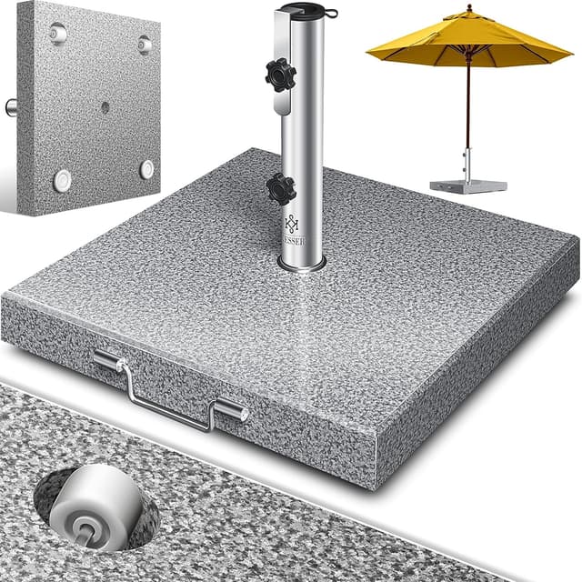 Detalle de KESSER Granit-Sonnenschirmständer mit Edelstahlrohr – quadratischer Sockel (30 kg) für Schirmstöcke 16–48 mm, inkl. Transportgriff, grau