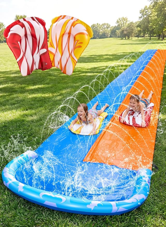Detalle de JOYIN 685cm Lawn Water Slide with Built-in Sprinkler and 2 Bodyboards (22.5ft Waves Double + Triple)