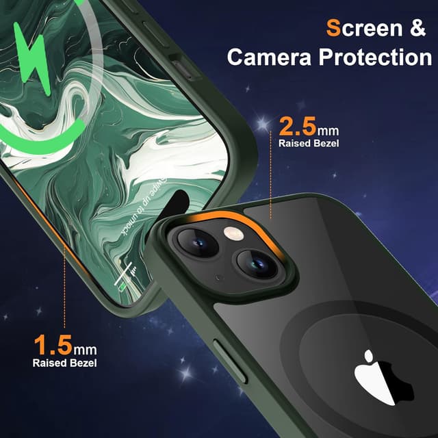 Detalle de ORETECH Magnetische Hülle für iPhone 15 Plus (6,7 Zoll) mit Mag-Safe & 2× Schutzfolie + Kameraschutz – stoßfest, kratzfest, transparent in Grün