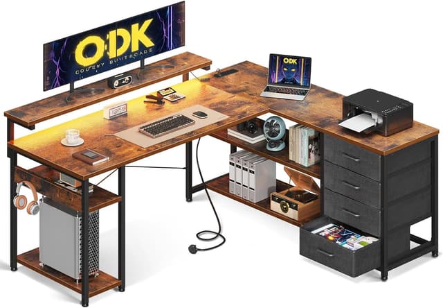 Detalle de ODK Corner Desk with Drawers (L-Shaped Gaming Desk) with LED Lights, Power Outlets and Reversible Layout