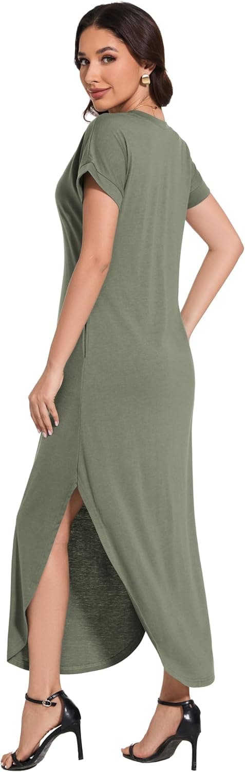 Detalle de Jeqeocafy Women’s Summer Long Sundress Crewneck Short Sleeve Maxi Dress with Pockets