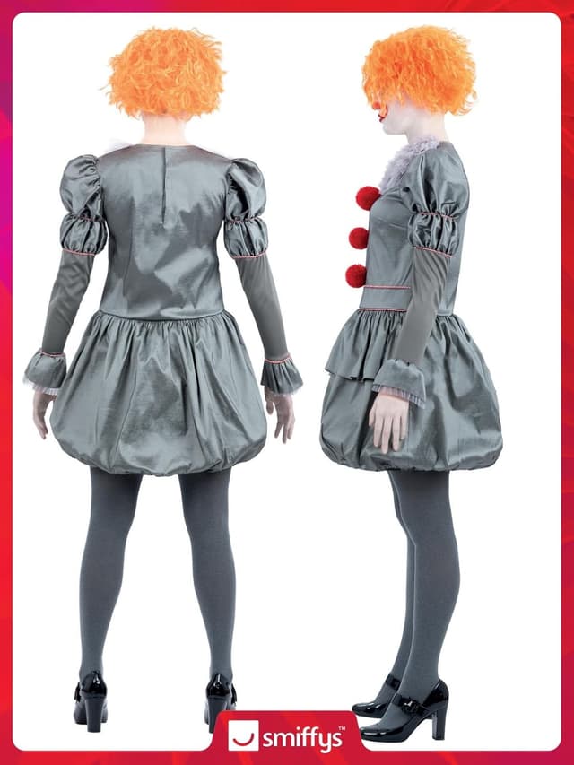 Detalle de Smiffys IT Chapter Two Pennywise Kostüm für Erwachsene – Kleid grau mit Nackenrüschen & Strumpfhosen, offiziell lizenziert