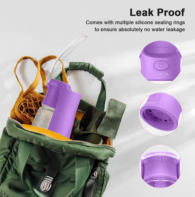 Detalle de SOICTA Portable Dog Water Bottle (Foldable) in Purple – 19OZ or 12OZ for Walking