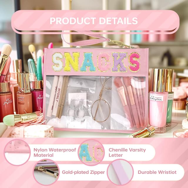 Detalle de Siwara Clear Snack Bags Travel Makeup Bag with Glitter Chenille Letter Patches (Water-Resistant Nylon & PVC)