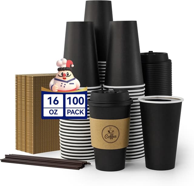 Detalle de JOLLY CHEF 16 oz Disposable Black Hot Paper Coffee Cups (100-Pack) with Lids, Kraft Sleeves & Stirrers