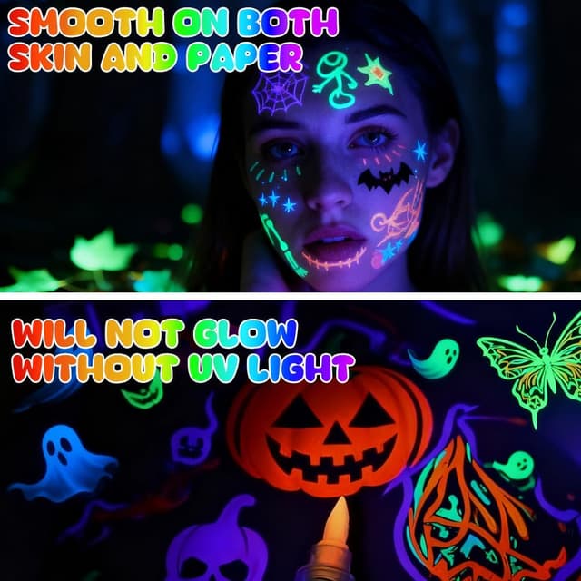 Detalle de Alaoo Penne Glitter Neon UV per Tatuaggi Temporanei Bambini (10 pezzi) con 4 stencil