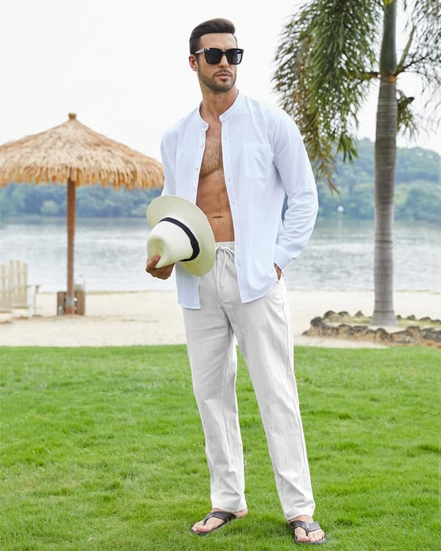 Detalle de NANAMEEI Herren-Leinenhose für den Sommer mit Kordelzug – leichte Bundfaltenfrei-Variante S bis 3XL