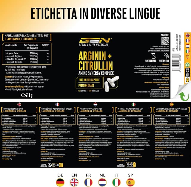 Detalle 2 de L-arginina + L-citrullina Ultra Caps ad alto dosaggio — 320 capsule da 1100 mg