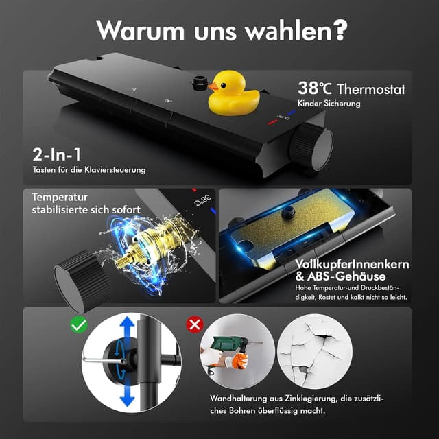 Detalle de HOMELODY Duschsystem mit Thermostat, Glasablage und 30×20 cm Kopfbrause (schwarz) – Komplettset mit 3 Strahlarten