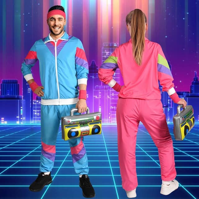 Detalle de Déguisement années 80 Aomig : survêtement disco rétro avec veste et pantalon (rose/rouge, taille M)