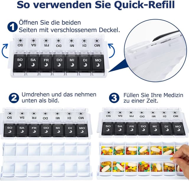 Detalle de Tablettenbox 7 Tage mit 14 Fächern (2 pro Tag) für morgens/abends – Druckknopf-Design, BPA-frei