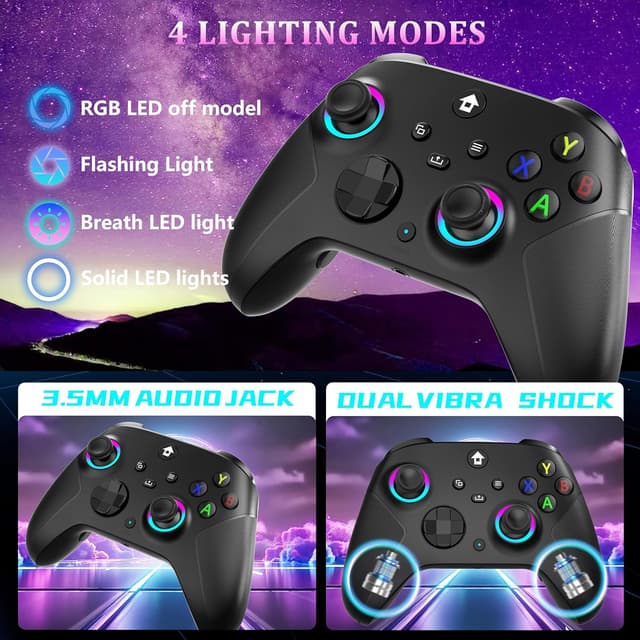 Detalle de YUYIU 2.4GHz Wireless Controller for Xbox (7-Color RGB, Dual Vibration, 3.5mm Audio Jack, 1000mAh)