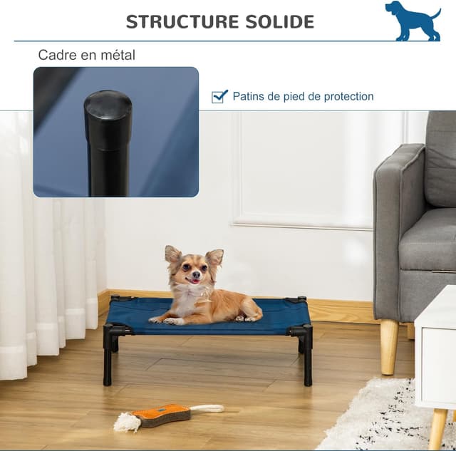 Detalle de PawHut lit surélevé pour chiens et chats (tissu Oxford/textilène) bleu et noir 61 x 46 x 18 cm