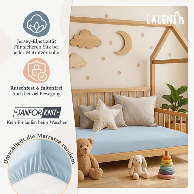 Detalle de Laleni Jersey Spannbettlaken (100×100 cm) für Baby-Beistellbett & Stubenwagen – 100% Baumwolle in Hellblau