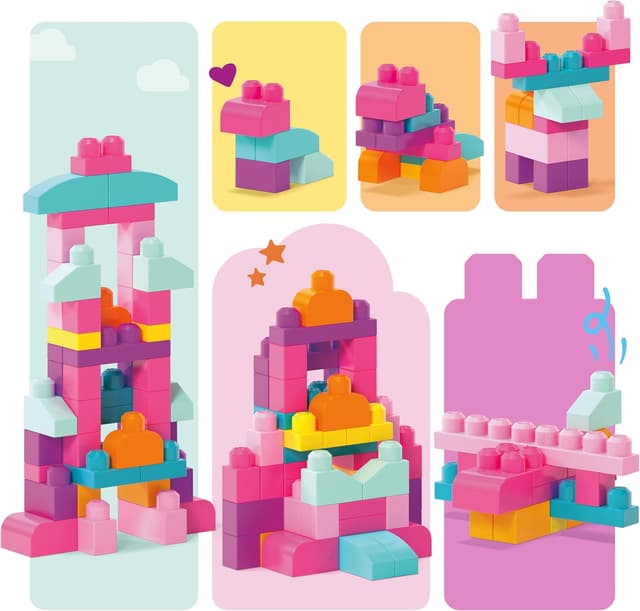 Detalle de Mega Bloks DCH54 – Grand sac de construction rose, 60 blocs empilables (à partir de 1 an)