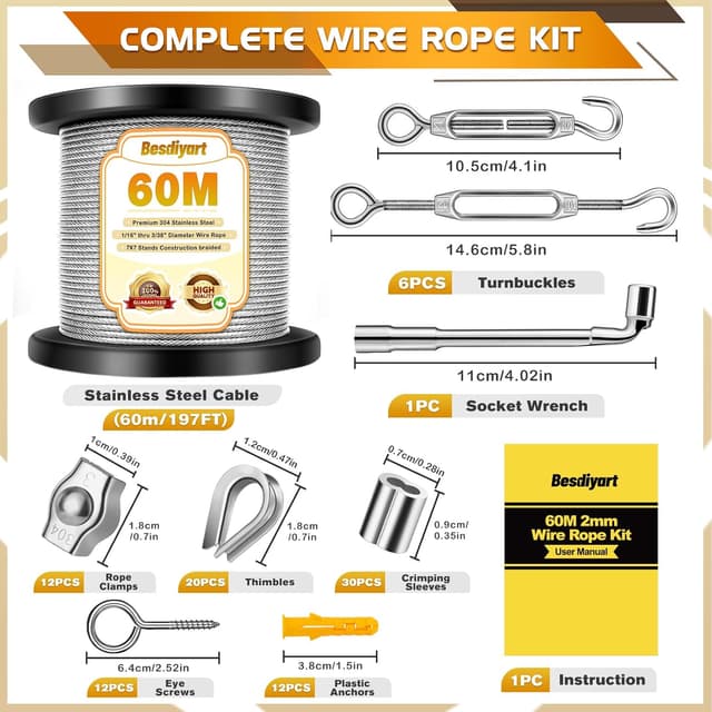 Detalle de 94-piece 304 Stainless Steel Wire Rope Kit (PVC Coated) with M4 Turnbuckles – 60m Garden Wire