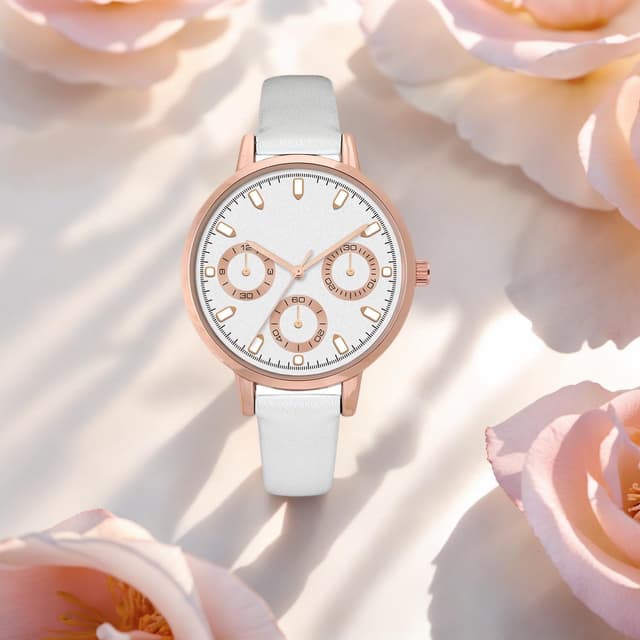 Detalle de Damenuhr in Roségold-Optik mit weißem Zifferblatt, drei Deko-Subzifferblättern und weißem Lederarmband