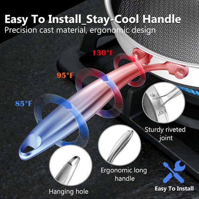 Detalle 2 de Vocvee 12-Inch Nonstick Frying Pan with Lid (Hybrid Stainless Steel, Stay-Cool Handle)