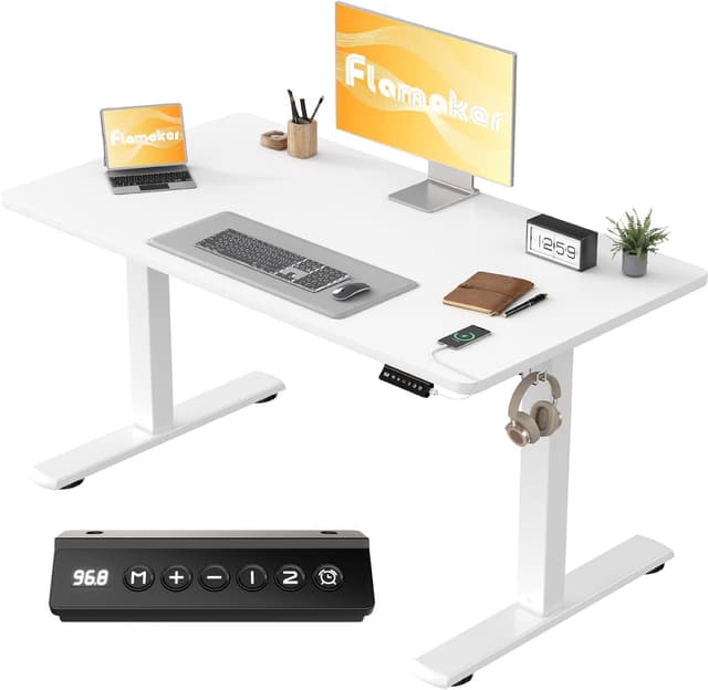 Detalle de Flamaker höhenverstellbarer Schreibtisch elektrisch mit Memory-Steuerung, Ganze Tischplatte 110 x 53 cm (Weiß)