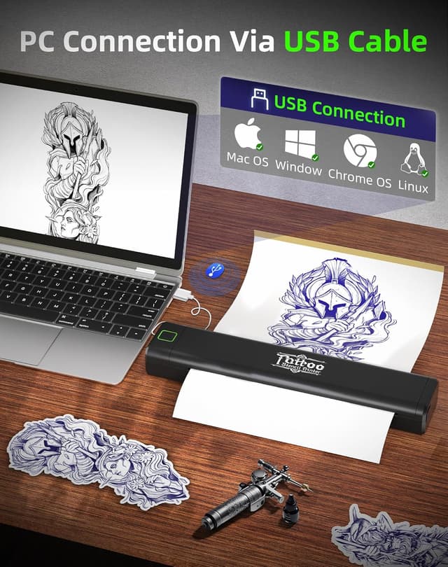 Detalle de BORN4SHIP Tattoo Drucker Bluetooth P84 – Thermodrucker für Tattoo-Schablonen (A4/Letter, Schwarz)