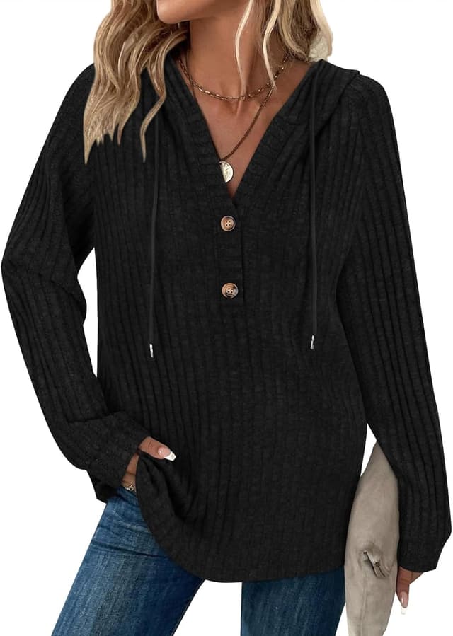 Detalle de Women’s V-neck long sleeve drawstring hoodie jumper (65% rayon mix) with button front