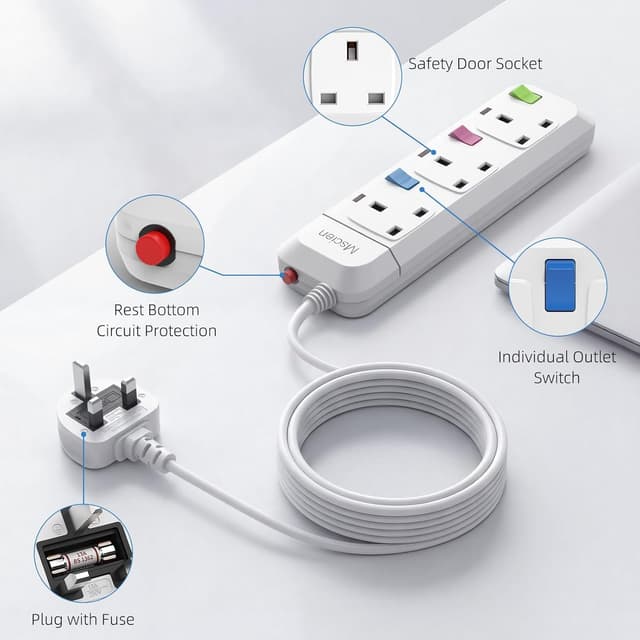 Detalle 2 de Mscien 1 Metre Extension Lead 3-Way with Individual Switches & Fused Protection (2500W)