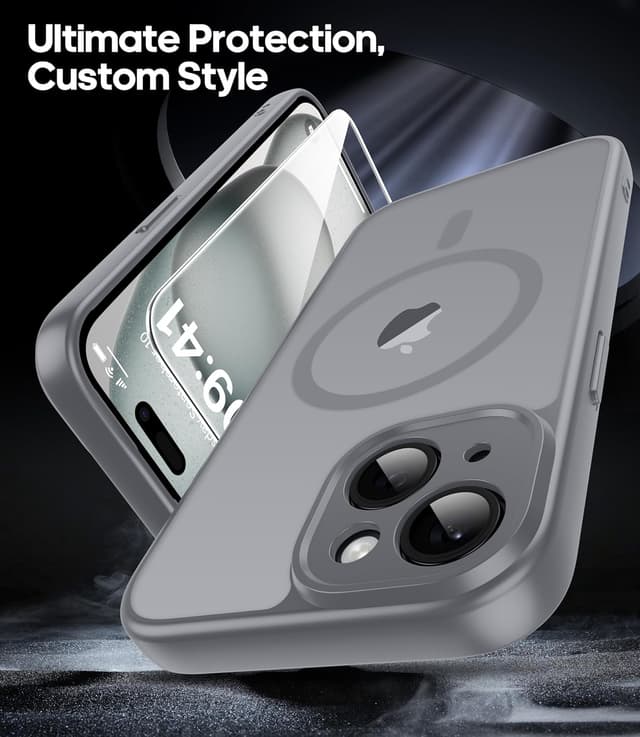 Detalle de FLLAO iPhone 15 case with MagSafe + magnetic fit and 2 tempered glass screen protectors (grey)