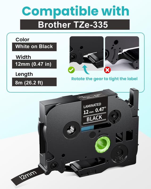 Detalle 2 de MarkField TZe-335 (12 mm) Schriftband für Brother P-touch – Weiß auf Schwarz, 4er Pack