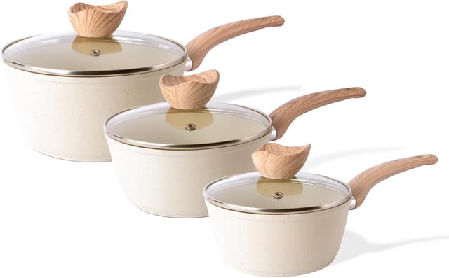 Detalle de Nuovva Cream Granite 3-Piece Non-Stick Saucepan Set (16cm, 18cm, 20cm) with Lid – Induction compatible