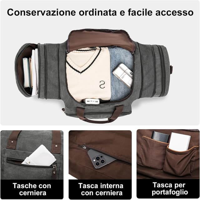 Detalle 2 de EKOROMIER Borsa da Viaggio in Tela 55L espandibile per uomo – borsone weekend e bagaglio a mano