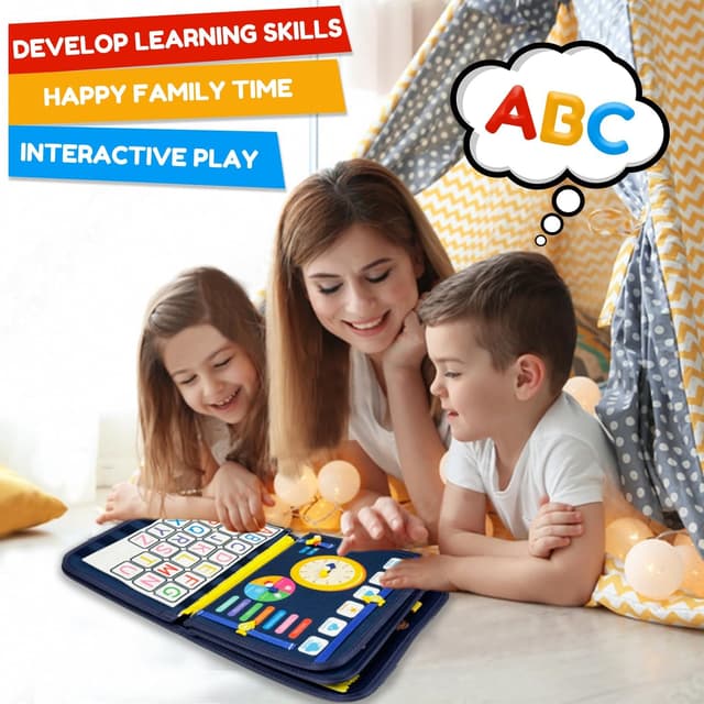 Detalle 2 de Qizfun Toddler Busy Board Montessori Toys (Dinosaur, 8-Page Sensory Busy Book) for Car & Airplane Travel