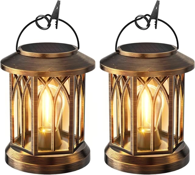 Detalle de BUCASA Solar Lanterns Outdoor Garden Lights (2-pack) – Retro hexagon hanging solar ornaments in bronze