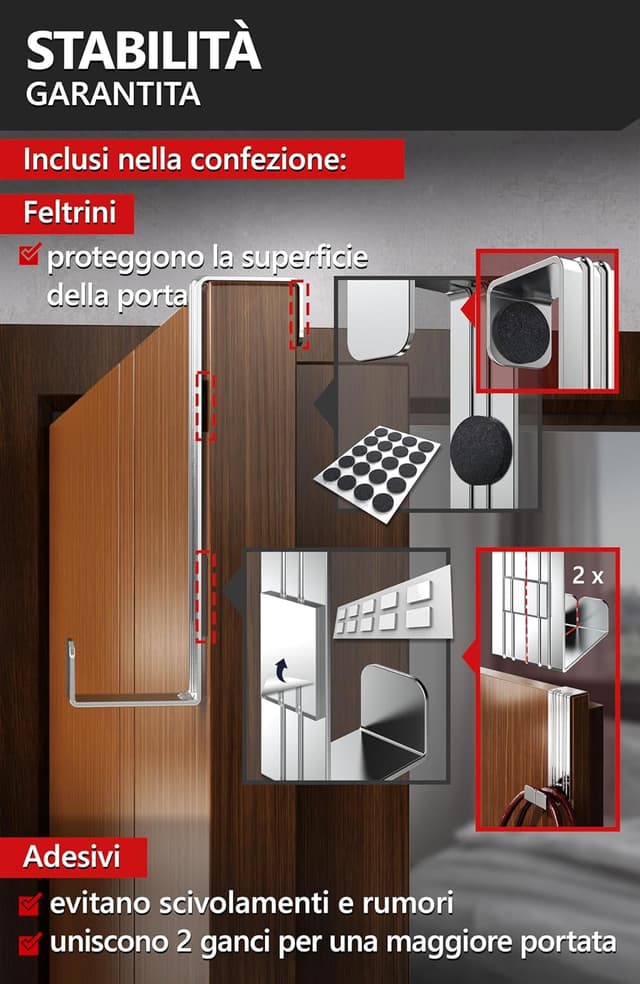 Detalle de 4smile Appendiabiti da porta in argento, set da 4 ganci in acciaio inox con fissaggio flessibile